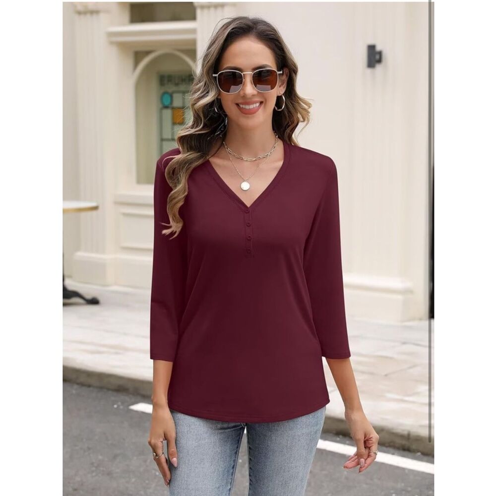 NWT Size Med  Burgundy V-Neck Henley Long Sleeve Top